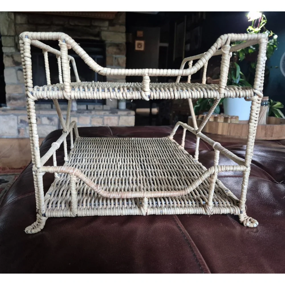 Vintage Wicker Rattan 2 Tier Desk Letter Paper Tray Organizer Boho Office Decor